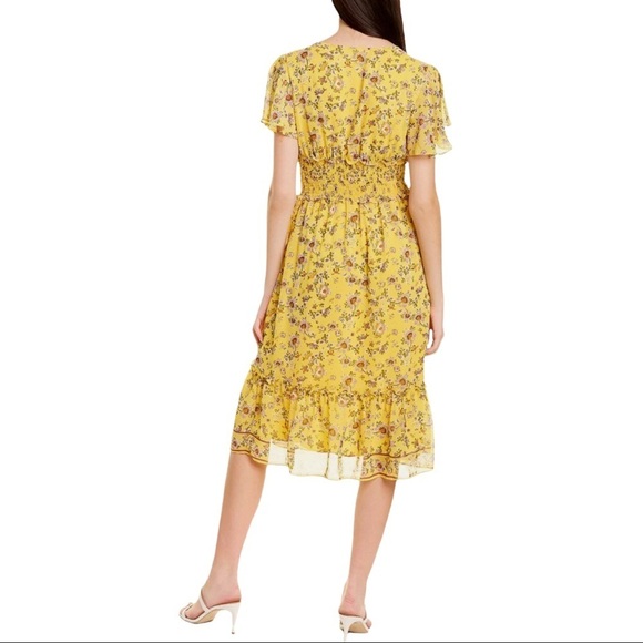 Max Studio Yellow Floral Midi Dress Smocked Waist with Ruffles Women Size Large - Picture 2 of 13